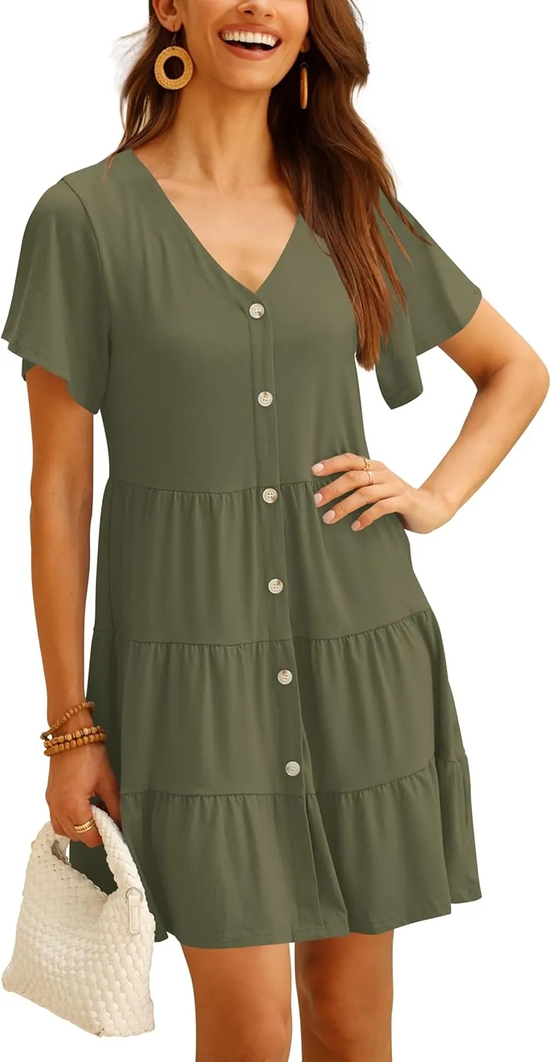 Atizon Women's Casual Crew Neck Dress for Women Short Sleeve Tunic Beach Dresses Summer