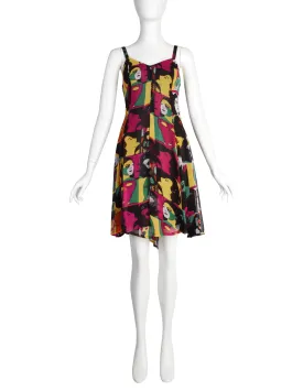 Awesome Vintage 1990s Multicolor Graphic Face Print Rayon Mini Dress
