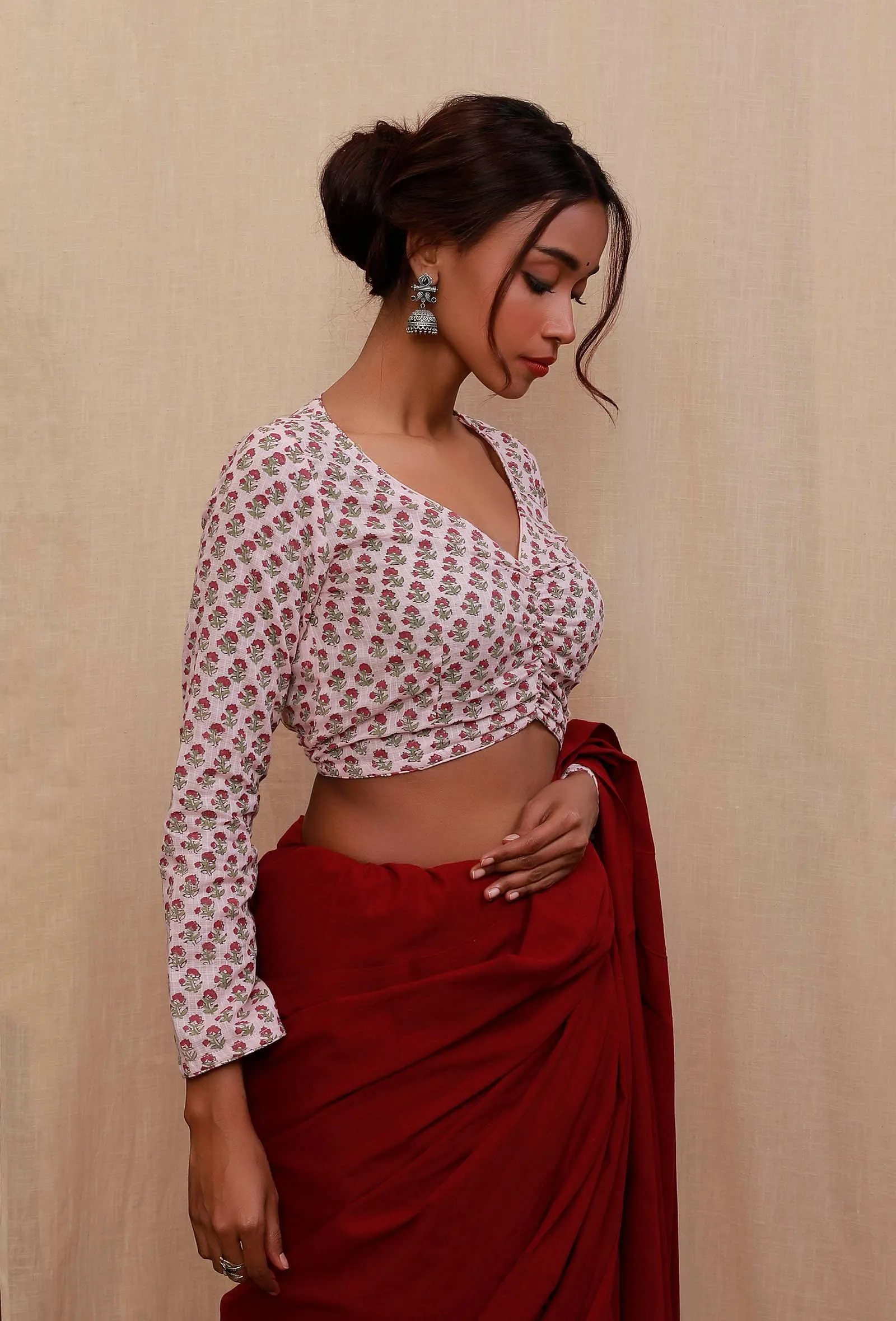 Baby Pink Block Printed Full Sleeves Blouse