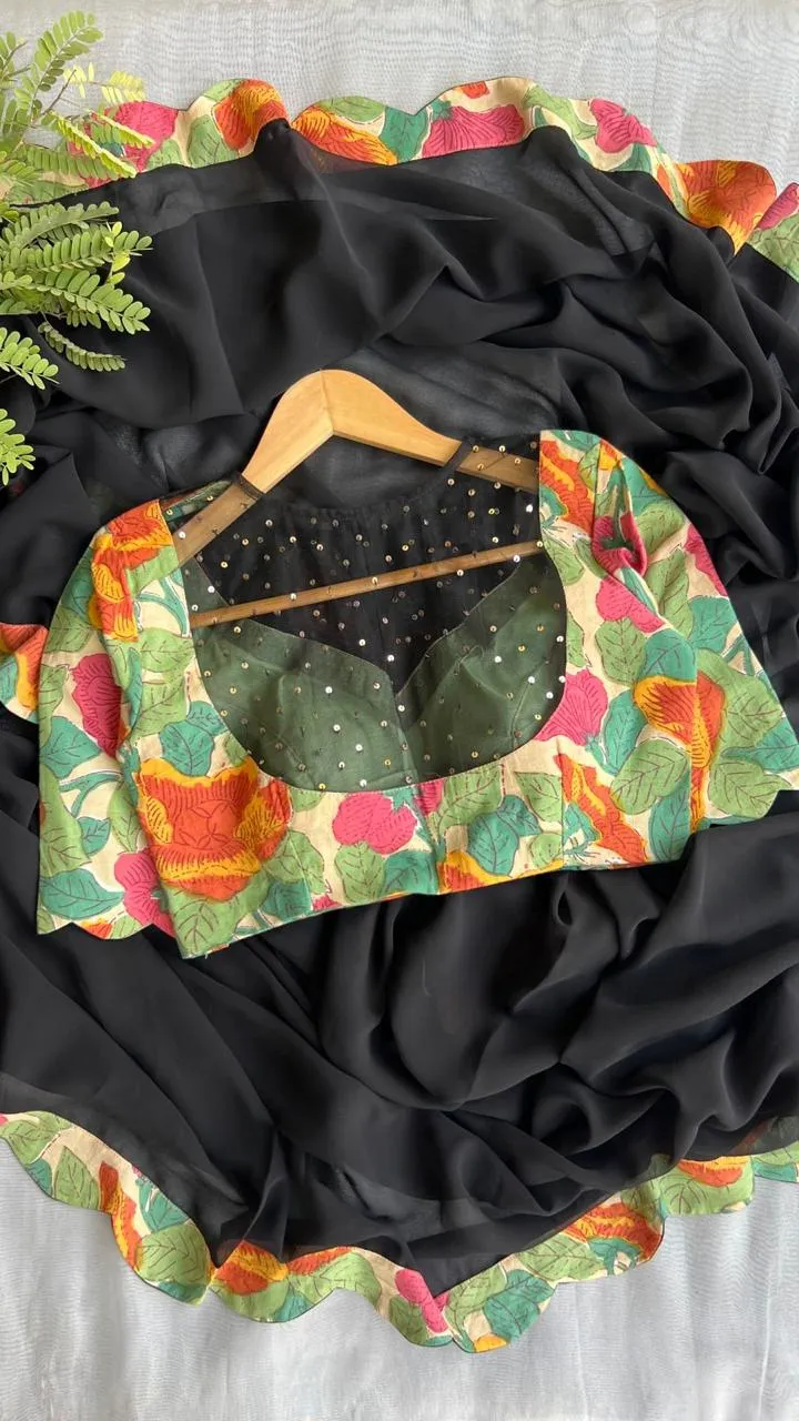 Black georgette saree with floral cotton blouse