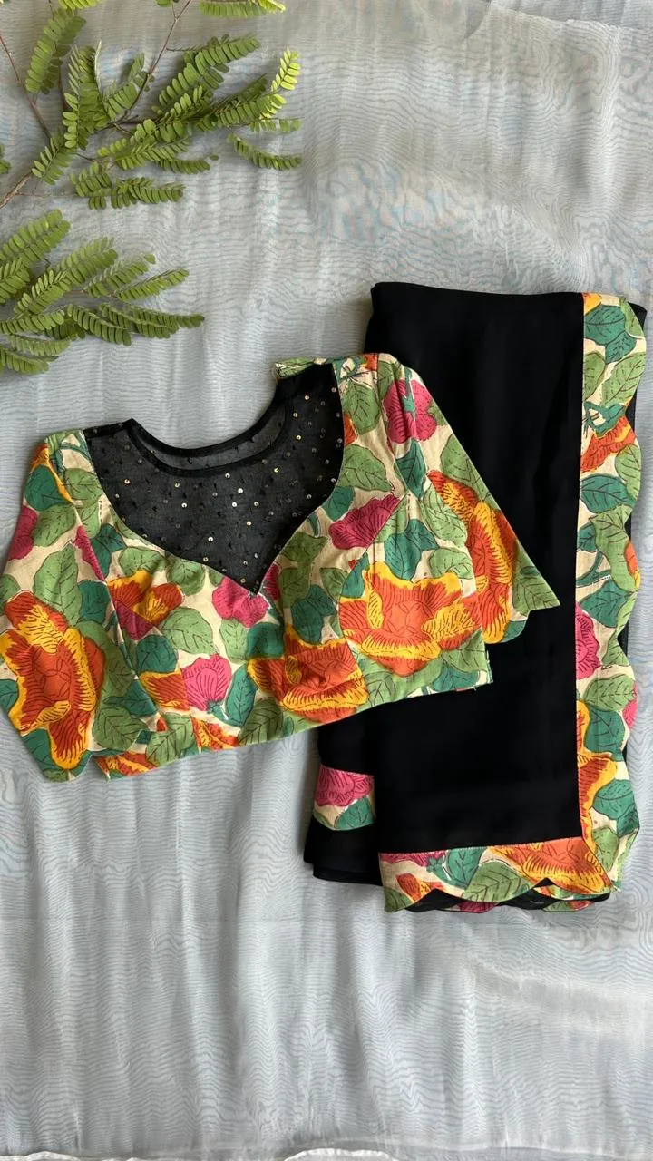 Black georgette saree with floral cotton blouse