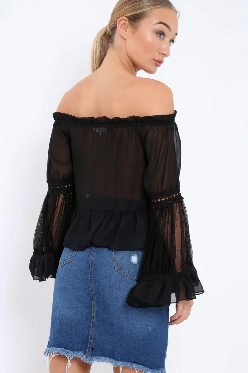 Black Sheer Bardot Blouse - Rosey