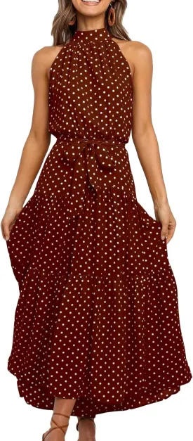 BOFETA Women's Halter Neck Boho Floral Sundress Sleeveless Back Zipper Beach Dress with Belt