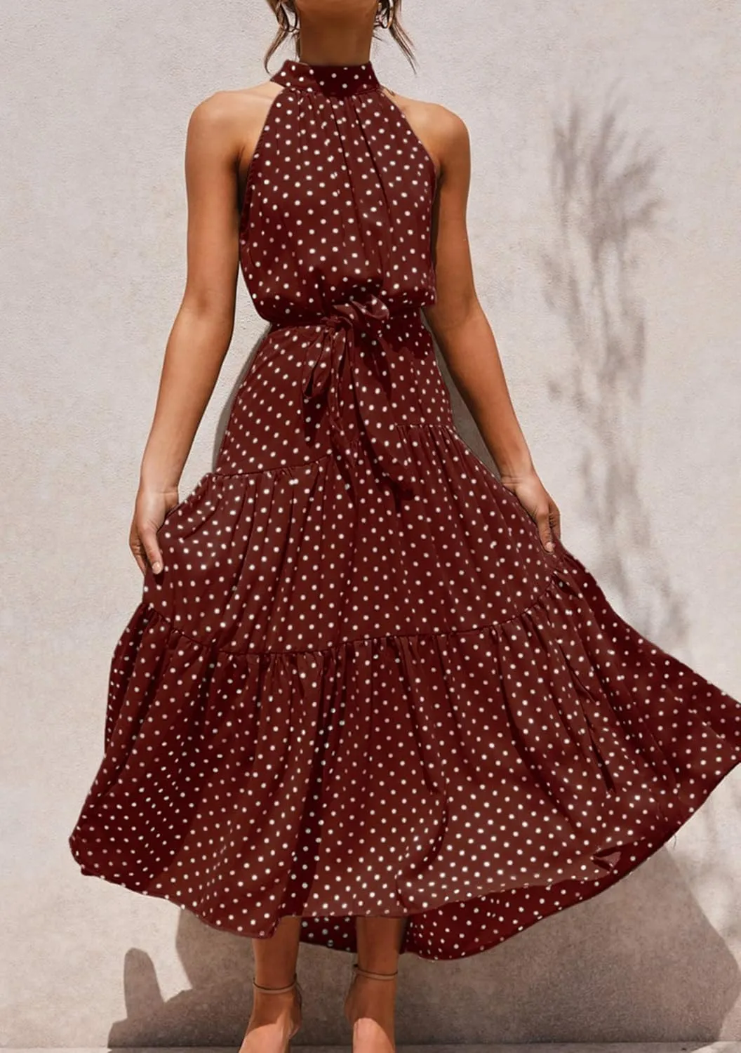 BOFETA Women's Halter Neck Boho Floral Sundress Sleeveless Back Zipper Beach Dress with Belt