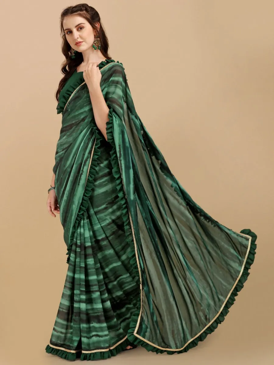 Bottle Green & Black Printed Tie & Dye Ruffle Saree