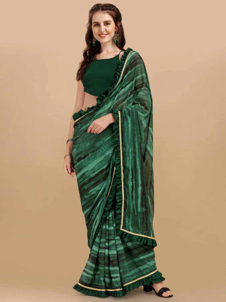 Bottle Green & Black Printed Tie & Dye Ruffle Saree