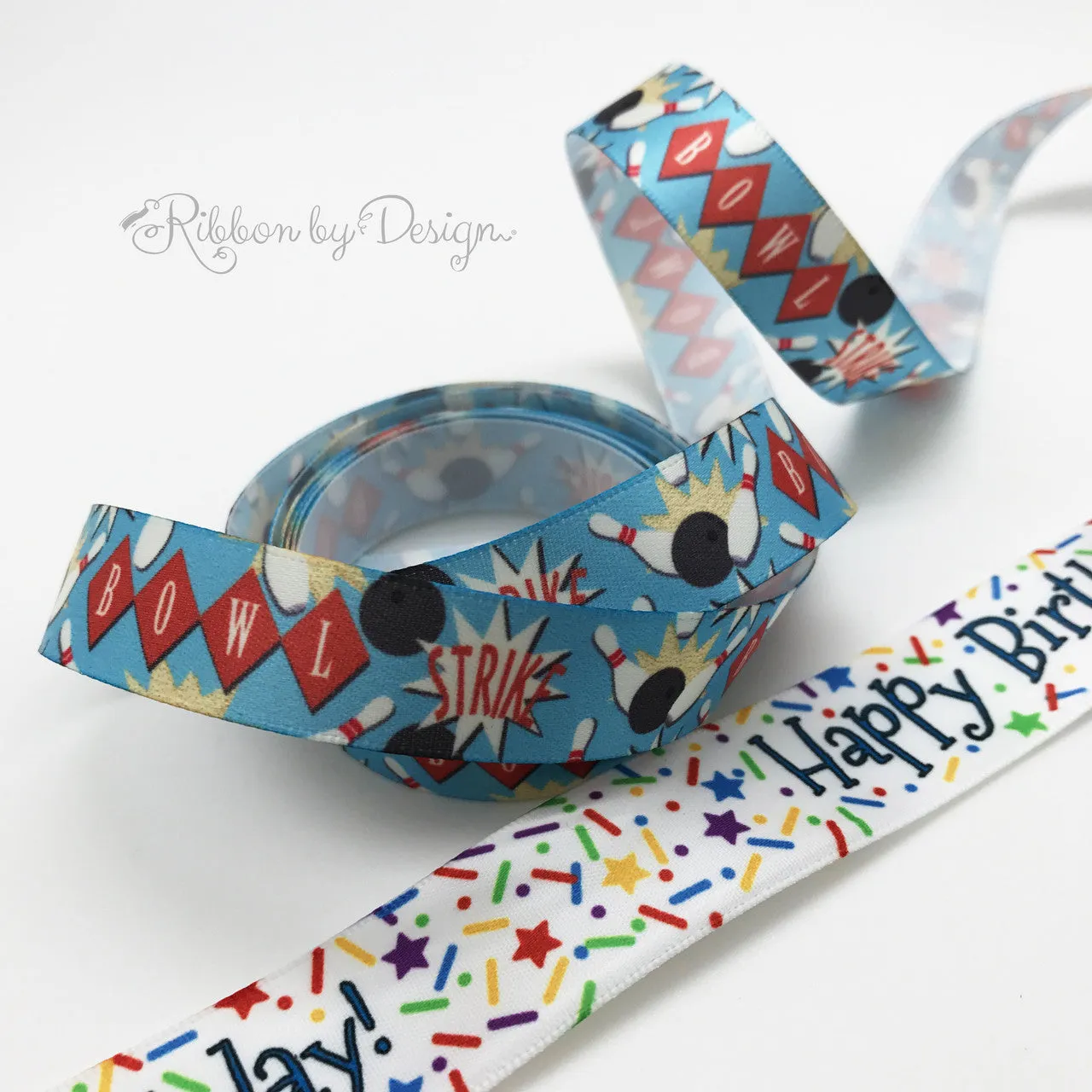 Bowling Ribbon on 5/8" White single face satin