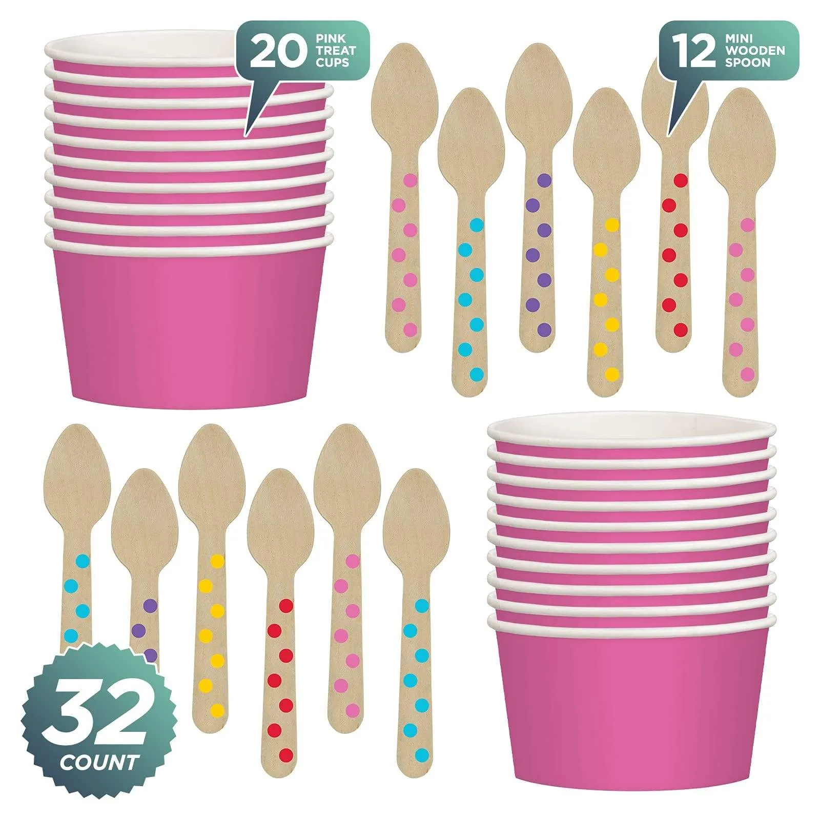 Bright Pink Ice Cream Treat Cups & Mini Wooden Polka Dot Spoons Set (Serves 12)