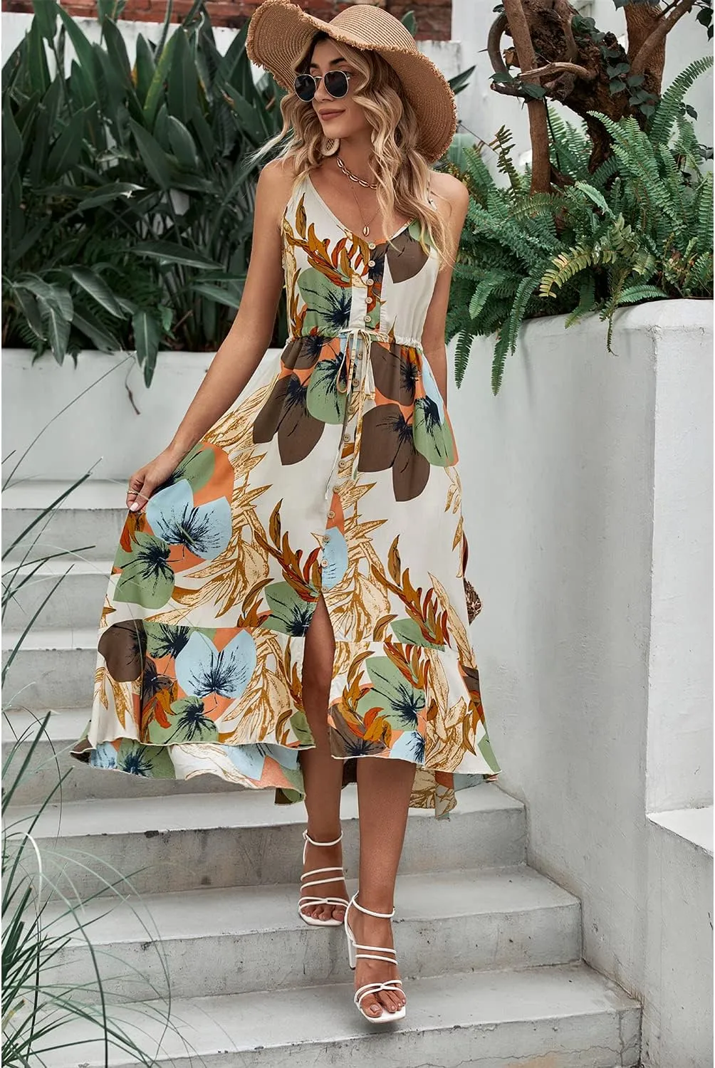 BROVAVE Women's 2025 Summer Casual Boho Sundress Polka Dot Spaghetti Strap V Neck Flowy Midi Dresses