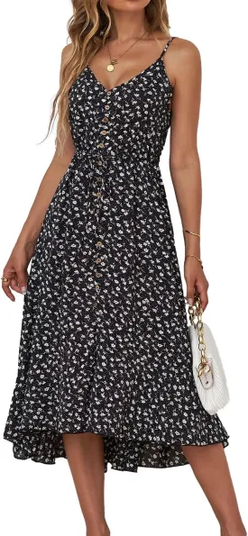 BROVAVE Women's 2025 Summer Casual Boho Sundress Polka Dot Spaghetti Strap V Neck Flowy Midi Dresses