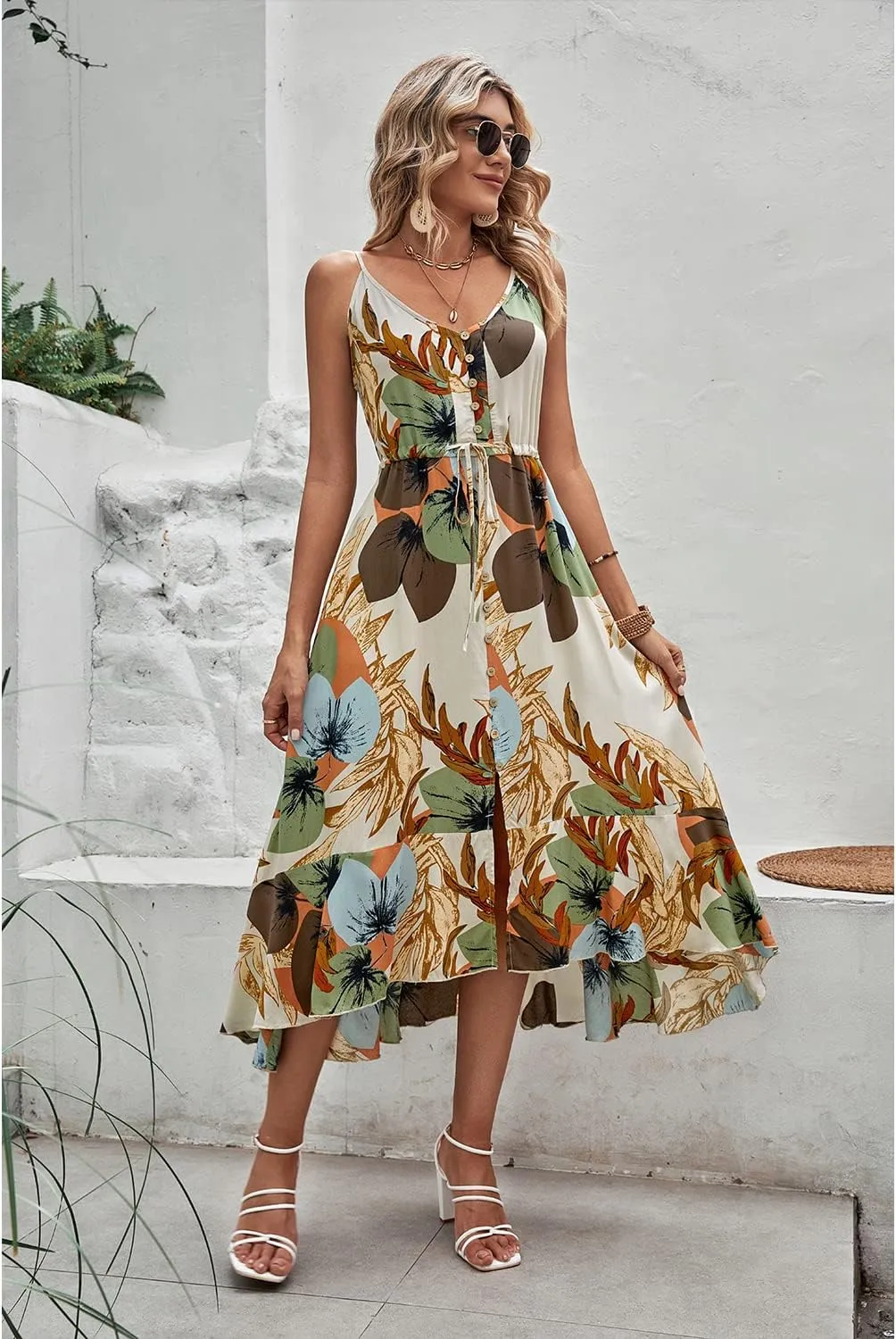 BROVAVE Women's 2025 Summer Casual Boho Sundress Polka Dot Spaghetti Strap V Neck Flowy Midi Dresses