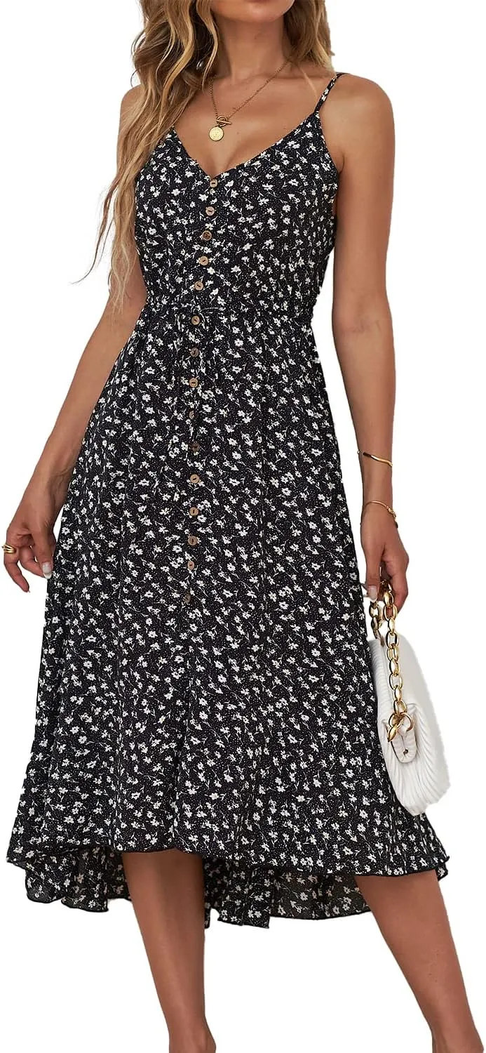 BROVAVE Women's 2025 Summer Casual Boho Sundress Polka Dot Spaghetti Strap V Neck Flowy Midi Dresses