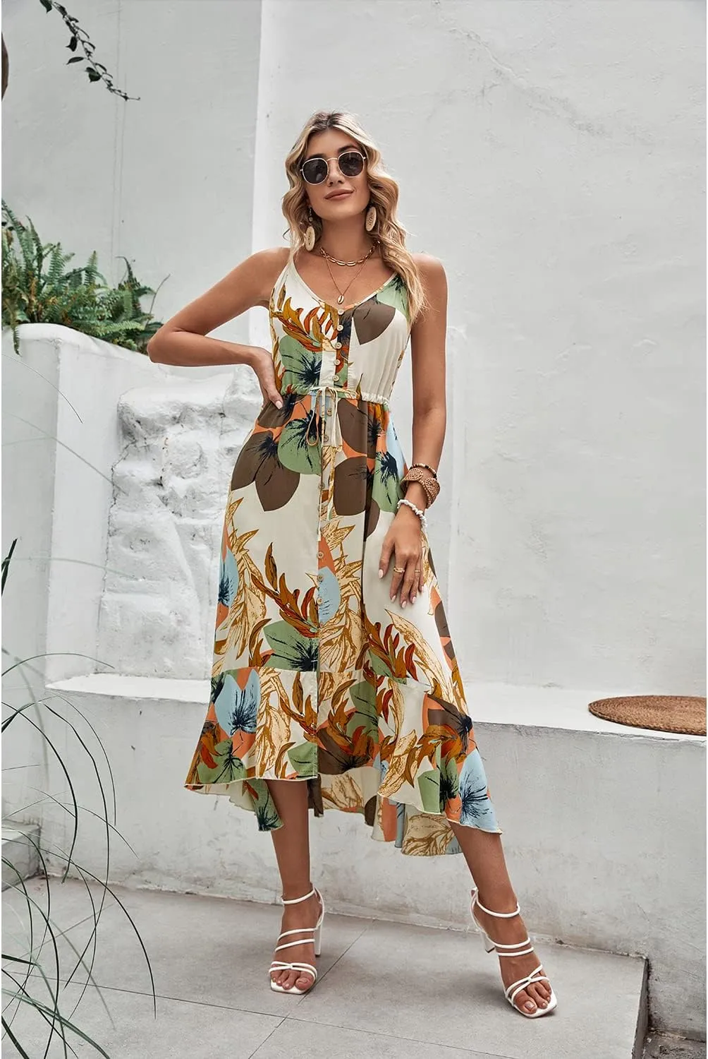 BROVAVE Women's 2025 Summer Casual Boho Sundress Polka Dot Spaghetti Strap V Neck Flowy Midi Dresses