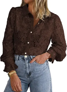 BTFBM Long Sleeve Lace Blouses for Women 2025 Spring Dressy Casual Button Down Shirts Date Night Outfit Club Party Tops