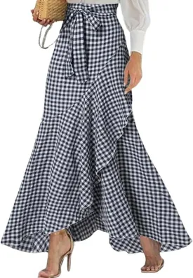 chouyatou Women's Casual Plaid Mermaid Maxi Skirt A Line Irregular Ruffle Hem Fishtail Long Skirt
