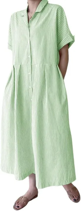chouyatou Women's Cotton Striped Shirt Dress Button Up Short Sleeve Midi Long Shift Dress with Pockets