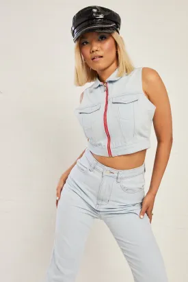 Daisy Street X Bratz Vintage Fit Zip Waistcoat in Light Denim