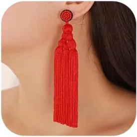 Denifery Boho Large Extra Long Tassel Layered Dangle Earrings Vintage Handmade Knot Tail Fringe Big Chandelier Statement Drop Earrings Summer Beach Statement Earrings for Women and (Red)