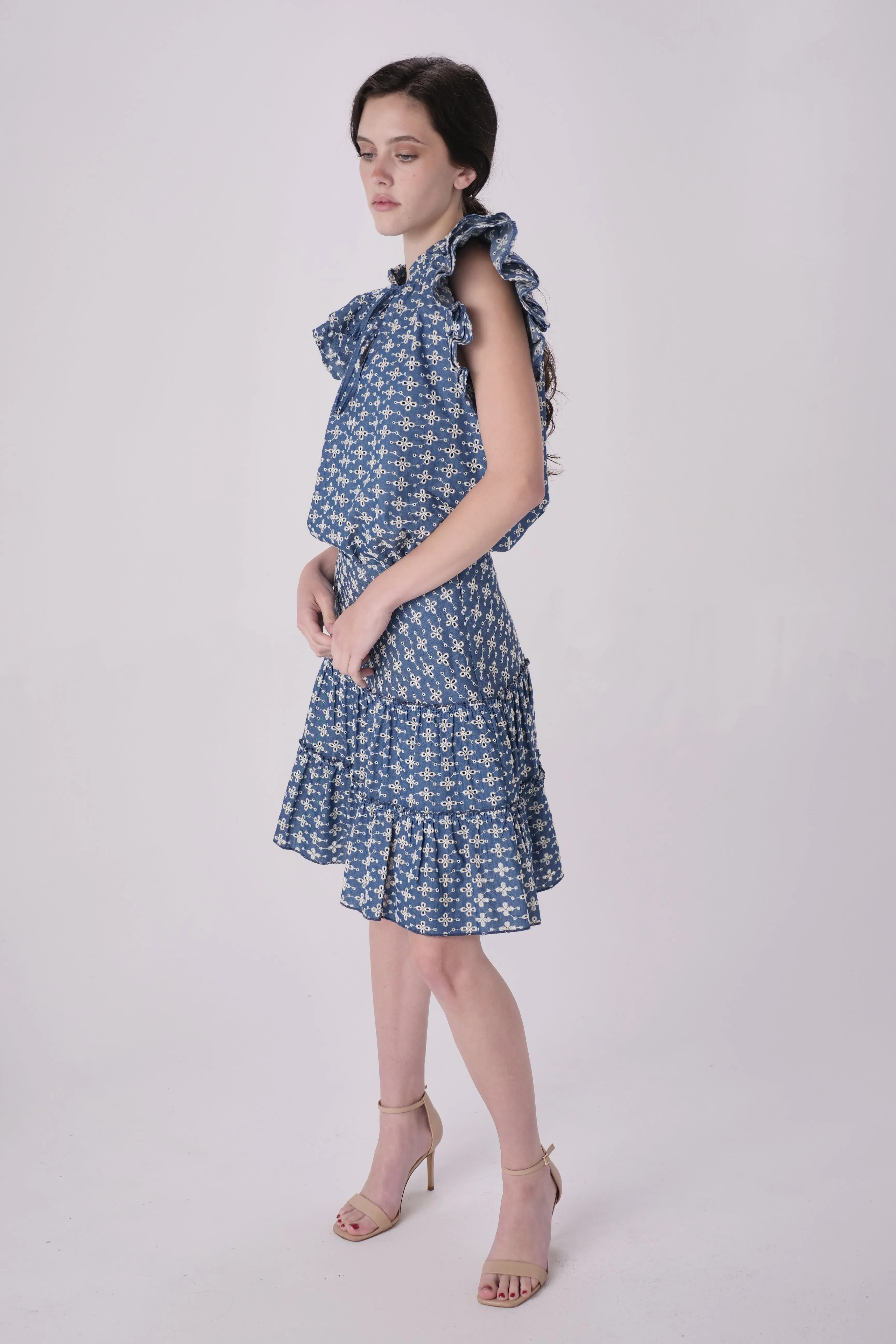 Denim Eyelet Tiered Mini Skirt