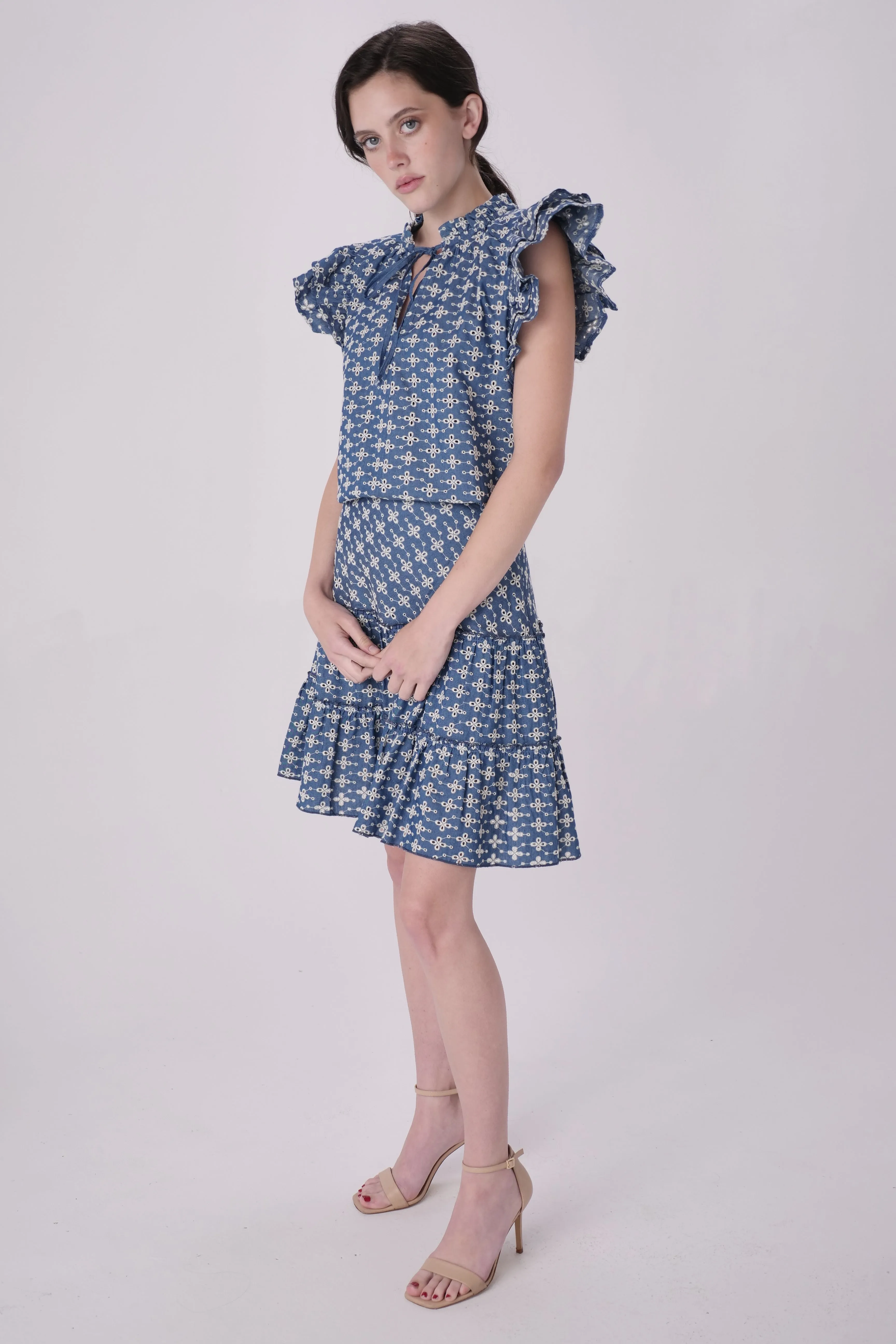 Denim Eyelet Tiered Mini Skirt