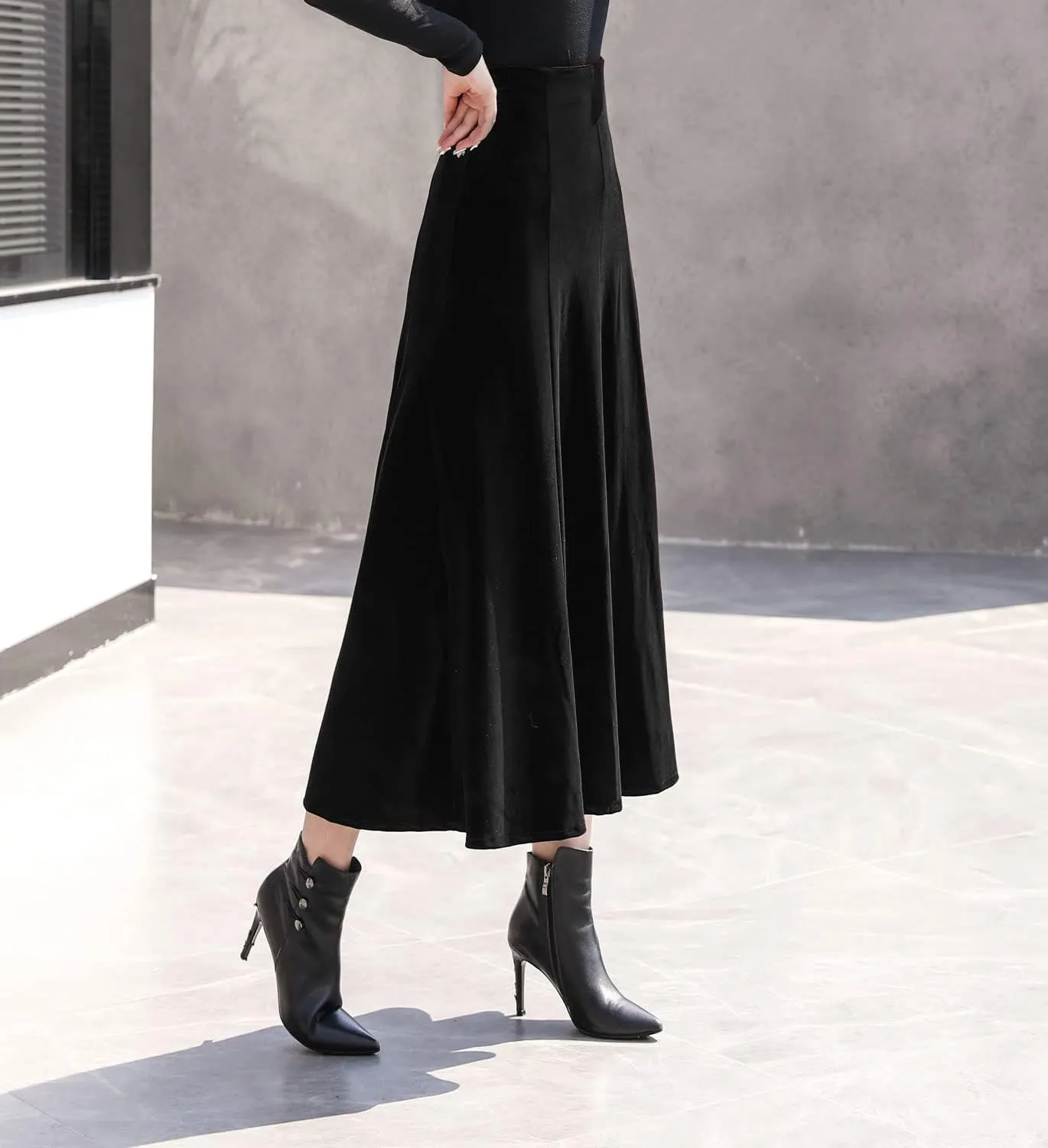 ebossy Womens Vintage Elastic High Waist Pleated Velvet Skirt Winter Warm Thicken Flowy Swing A-line Mid Skirt