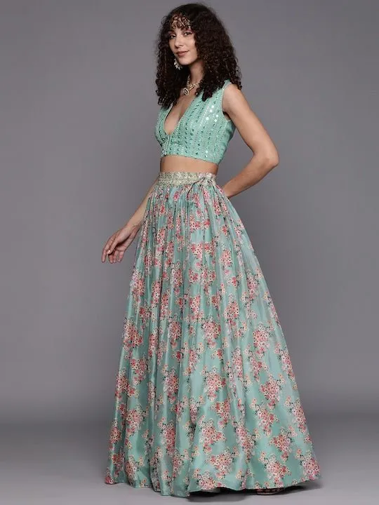 Embroidered Sequinned Unstitched Lehenga & Blouse With Dupatta