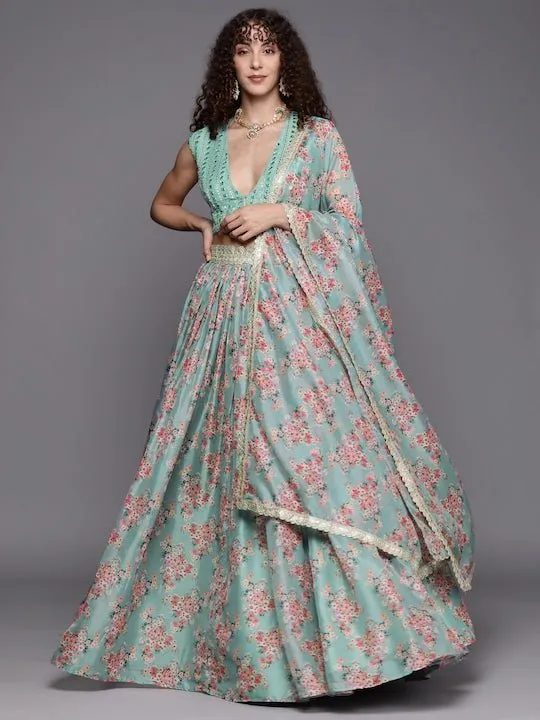 Embroidered Sequinned Unstitched Lehenga & Blouse With Dupatta