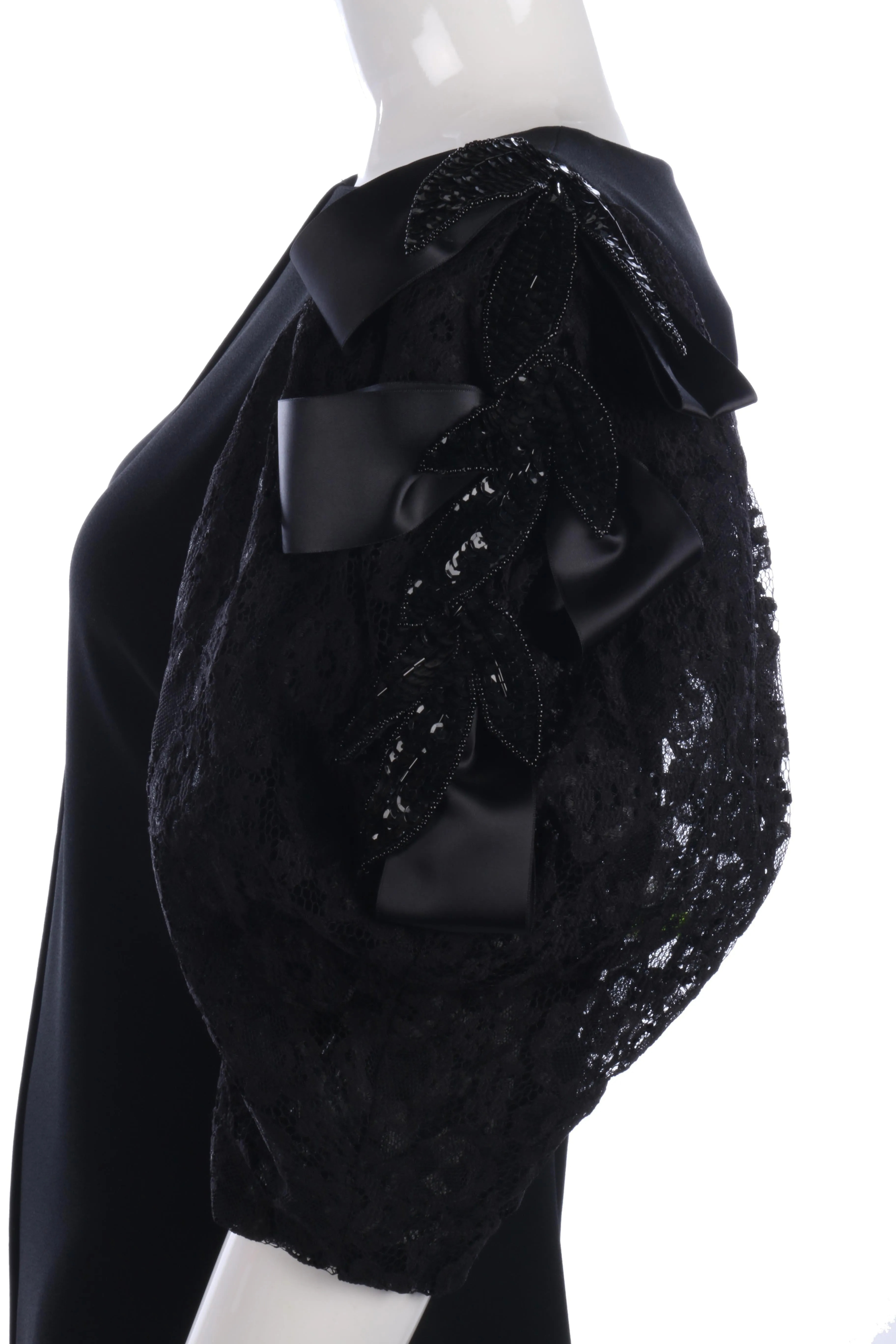 Fabulous Frank Usher black dress with lace sleeves size 14/16