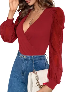 Fayenne Womens Tops Deep V Neck Cross Wrap Sexy Tops Polka Dot Mesh Long Sleeve T Shirt Casual Blouses