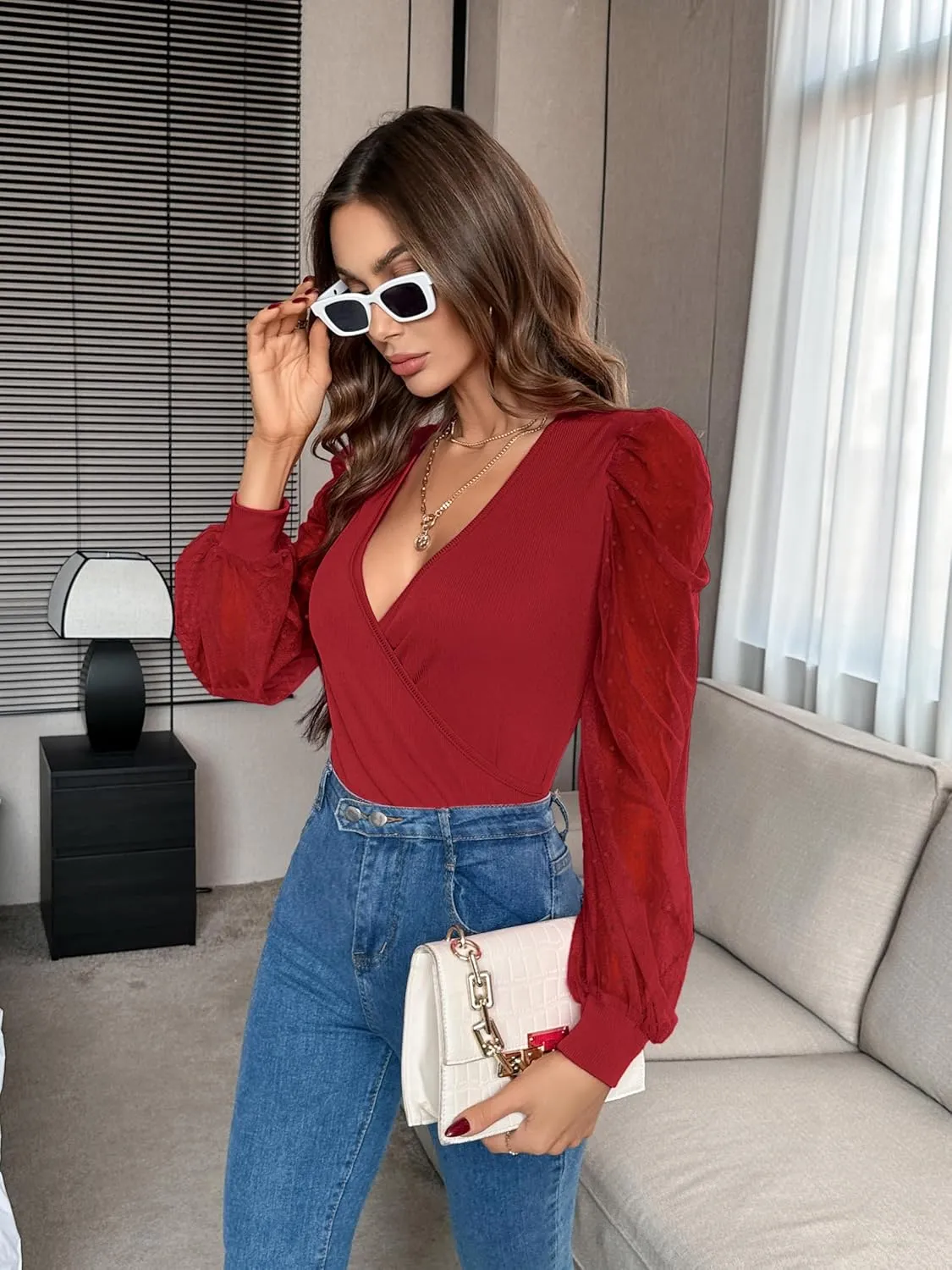 Fayenne Womens Tops Deep V Neck Cross Wrap Sexy Tops Polka Dot Mesh Long Sleeve T Shirt Casual Blouses