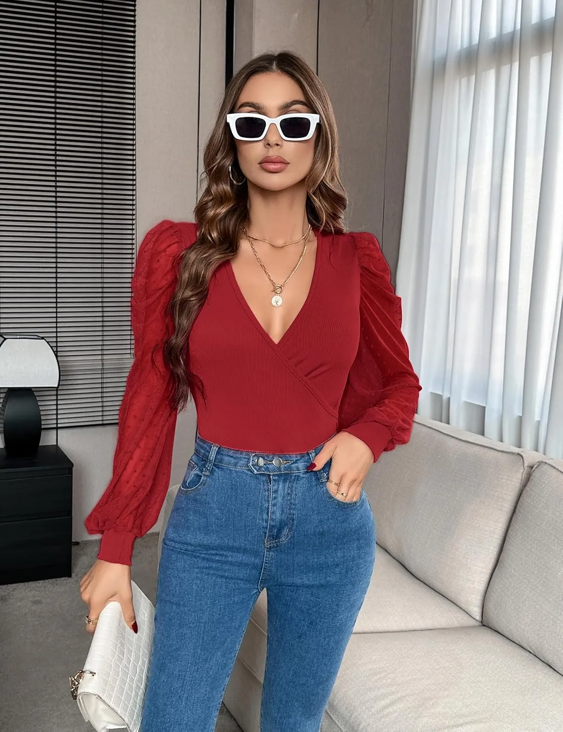 Fayenne Womens Tops Deep V Neck Cross Wrap Sexy Tops Polka Dot Mesh Long Sleeve T Shirt Casual Blouses