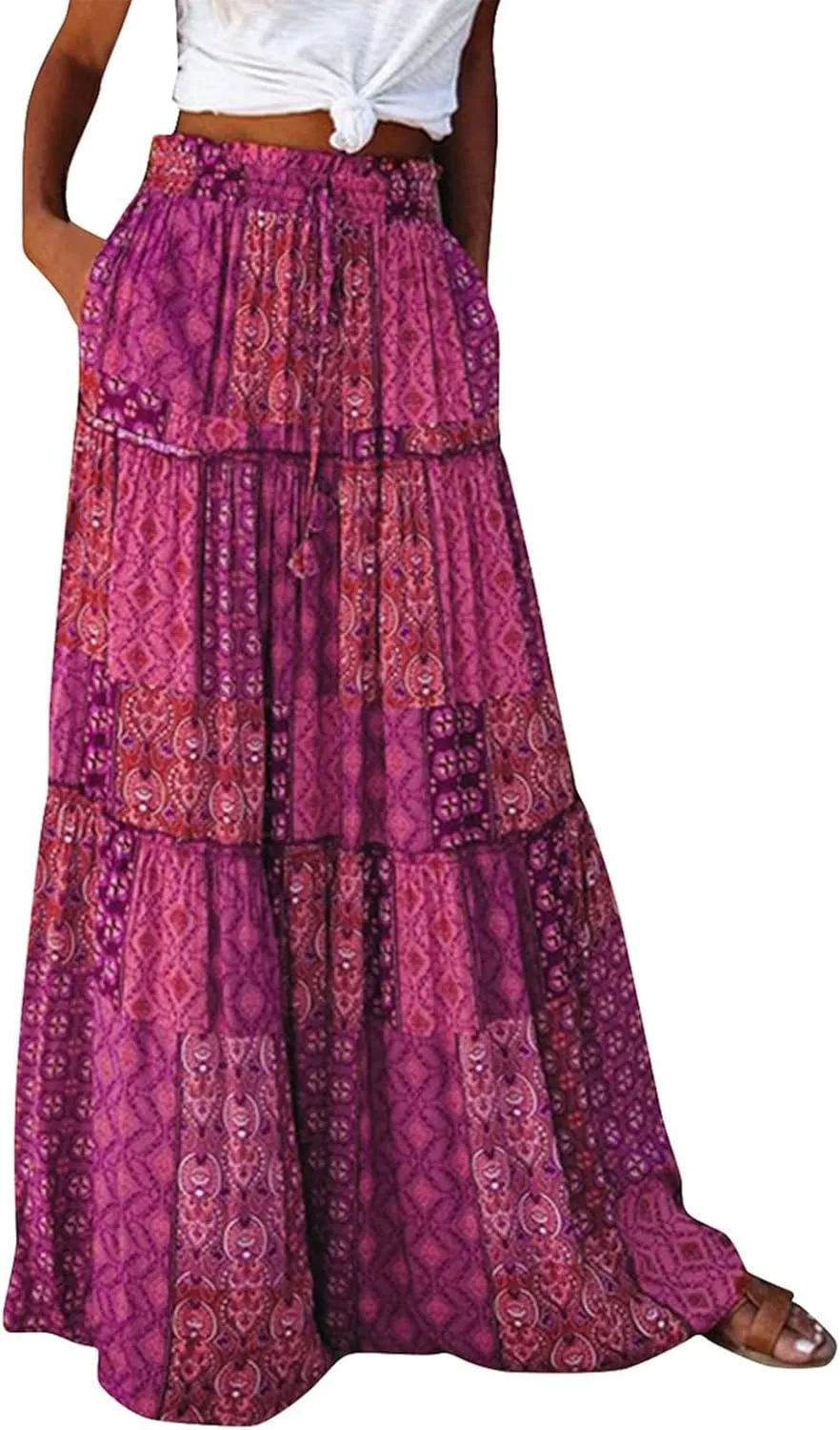 Floral Maxi Skirts for Women Summer Comfy High Waist Tie Paisley Print Maxi Skirt A-Line Long Skirts with Pockets