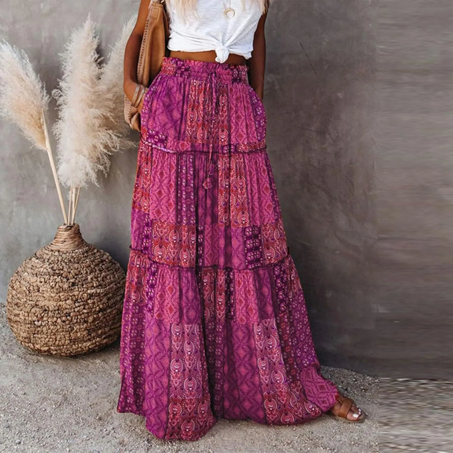 Floral Maxi Skirts for Women Summer Comfy High Waist Tie Paisley Print Maxi Skirt A-Line Long Skirts with Pockets