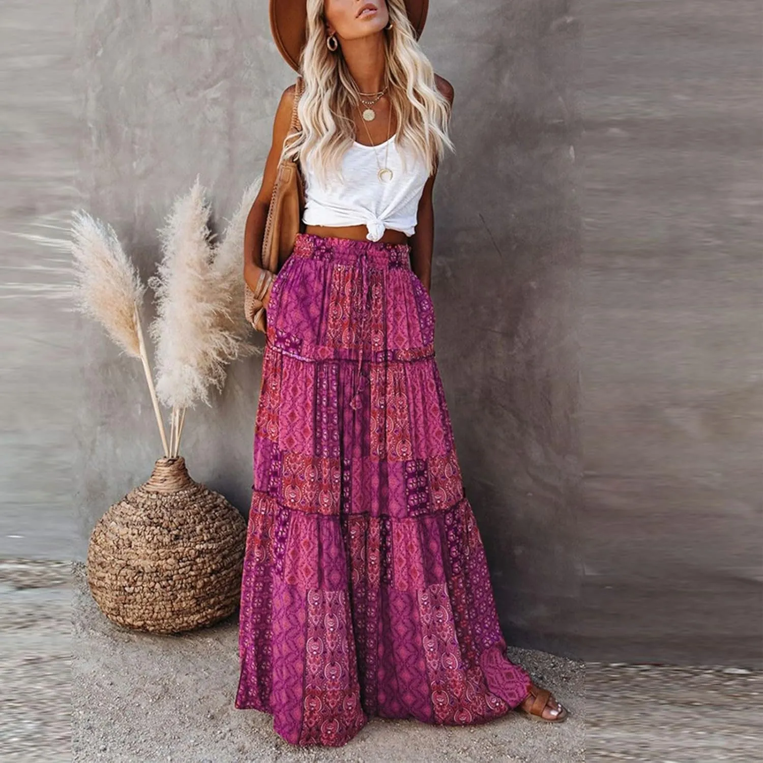 Floral Maxi Skirts for Women Summer Comfy High Waist Tie Paisley Print Maxi Skirt A-Line Long Skirts with Pockets