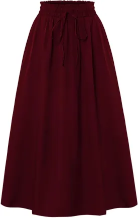 Floral Midi Skirt Boho Flowy Elastic High Waist A Line Skirt Bow Linen Flared Beach Long Skirts for Women with Pockets
