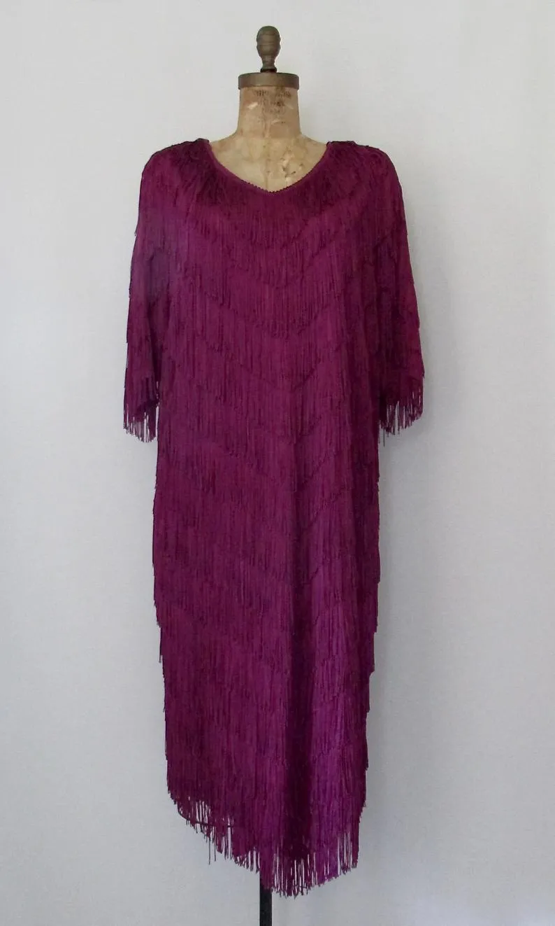 FRINGE BENEFITS 1980s does 20s Fuchsia Dress by Chez California, Sz X-Large