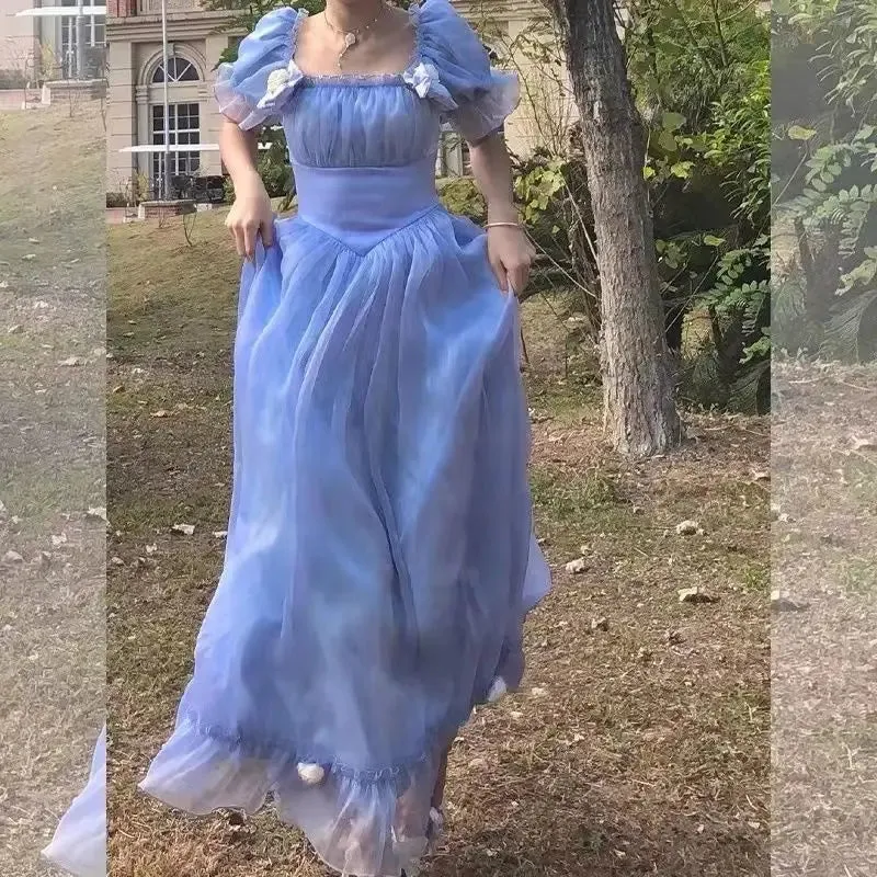 Girlary Blue Puff Sleeve Dress Vintage Skirt Fairy Lady Super Mori Style