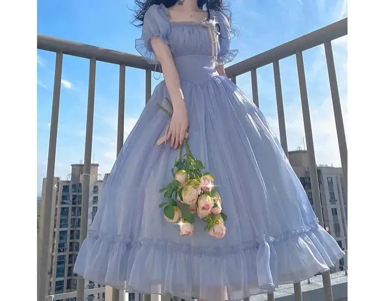 Girlary Blue Puff Sleeve Dress Vintage Skirt Fairy Lady Super Mori Style