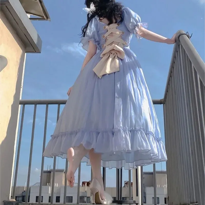 Girlary Blue Puff Sleeve Dress Vintage Skirt Fairy Lady Super Mori Style