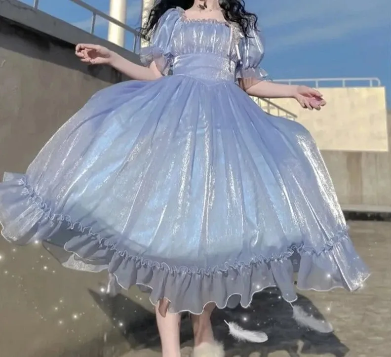 Girlary Blue Puff Sleeve Dress Vintage Skirt Fairy Lady Super Mori Style