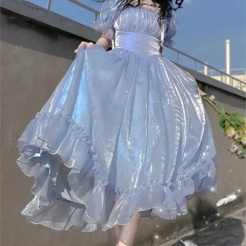 Girlary Blue Puff Sleeve Dress Vintage Skirt Fairy Lady Super Mori Style