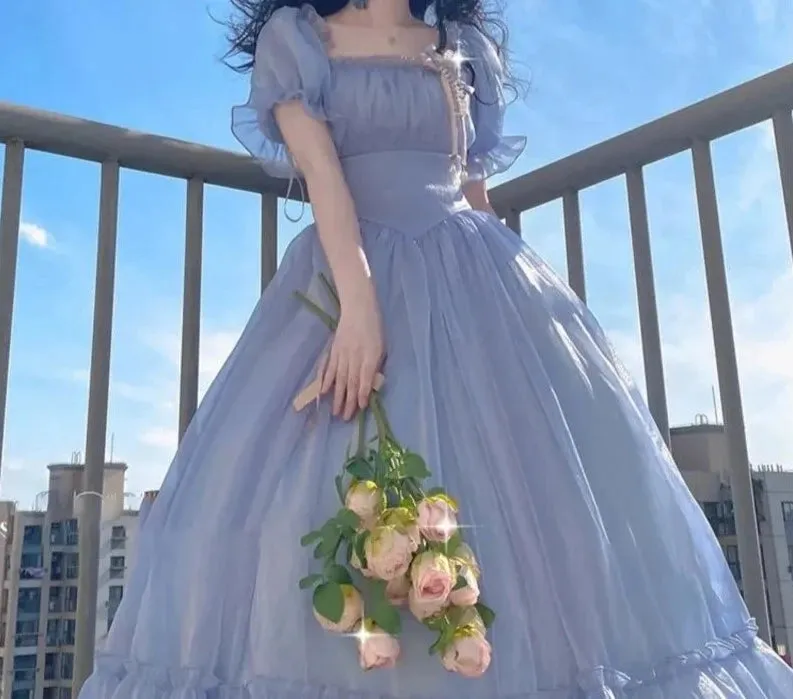 Girlary Blue Puff Sleeve Dress Vintage Skirt Fairy Lady Super Mori Style