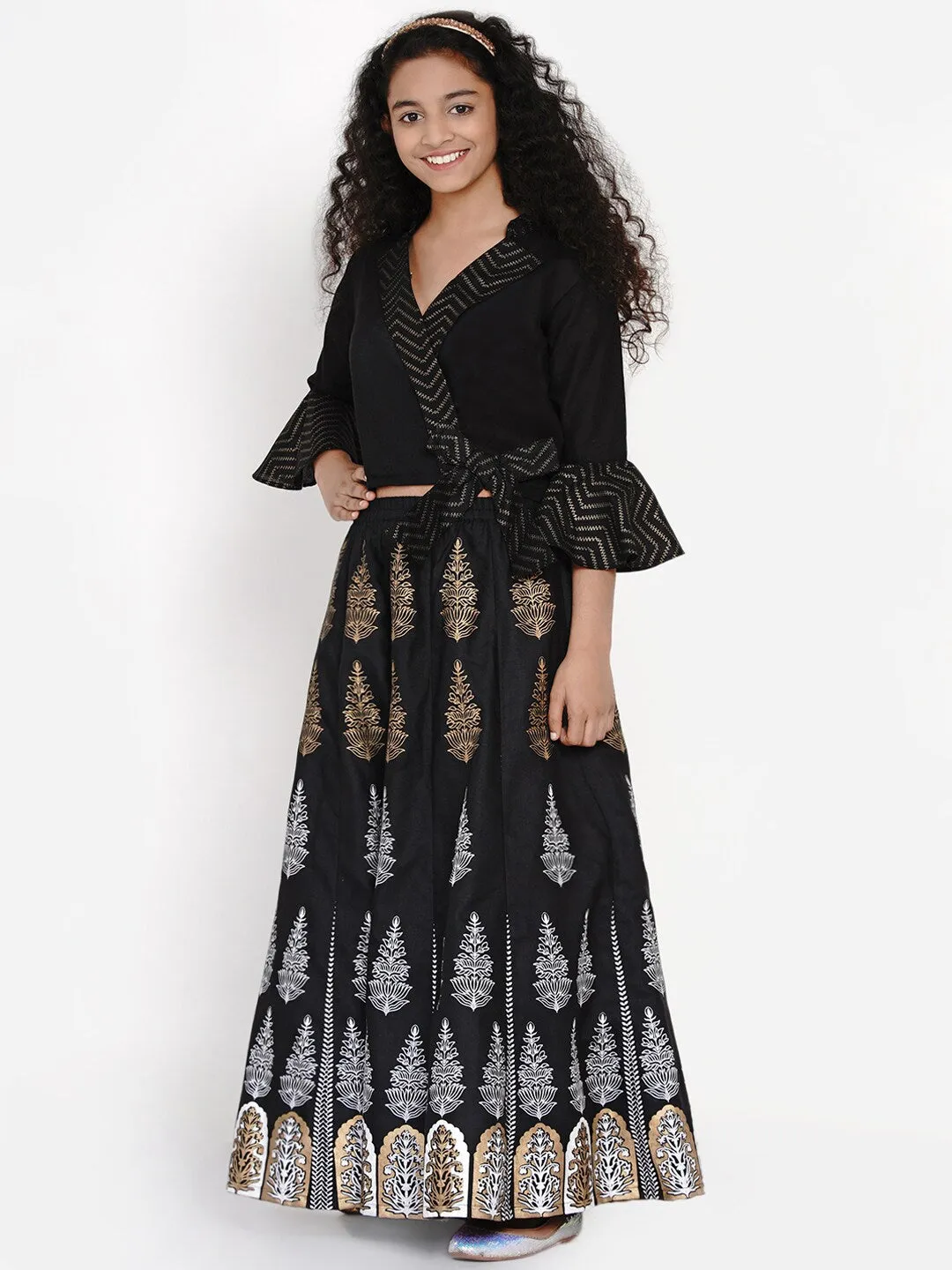 Girls Black & Gold-Toned Block Printed Ready To Wear Lehenga & Choli Set