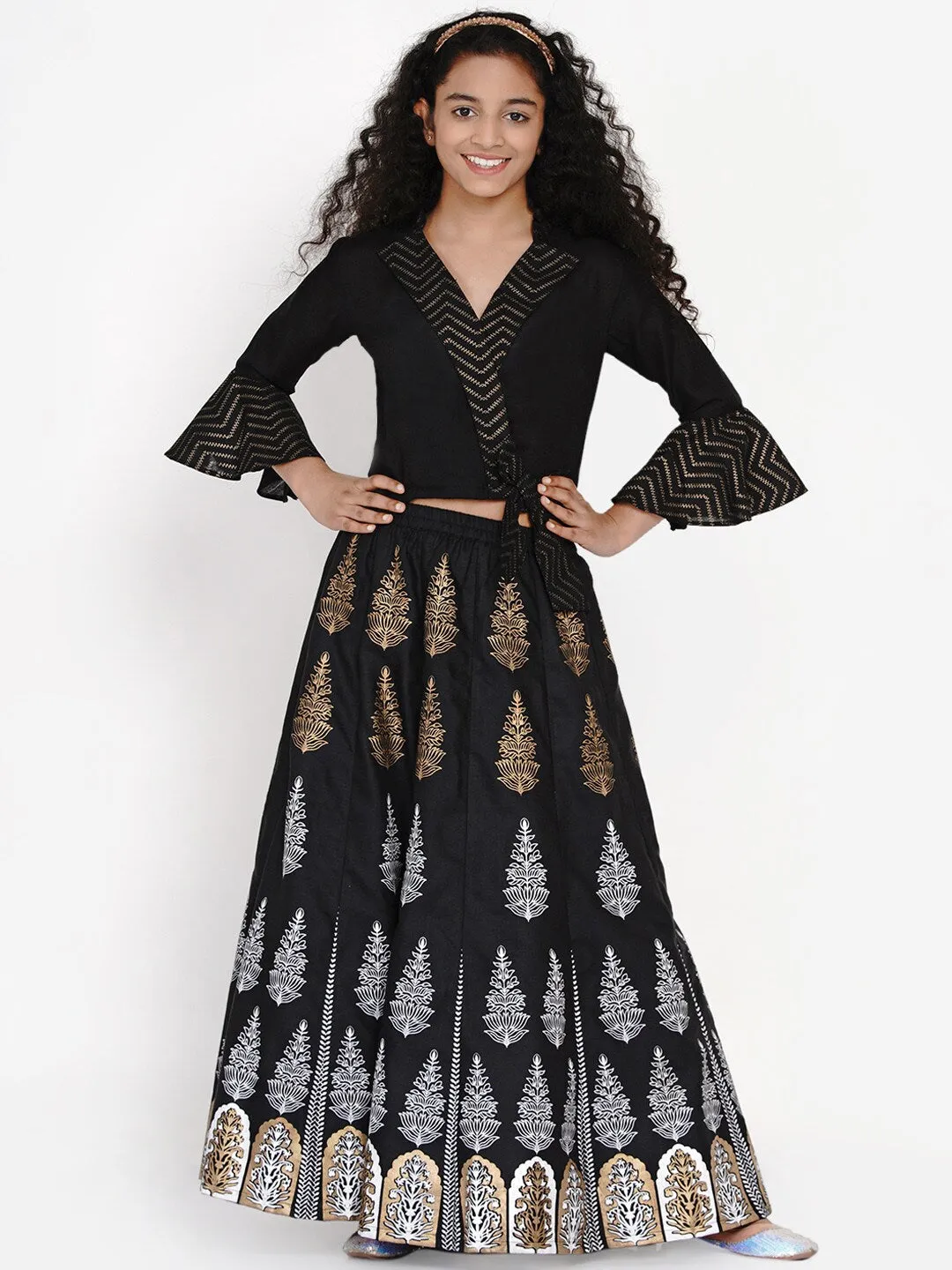 Girls Black & Gold-Toned Block Printed Ready To Wear Lehenga & Choli Set