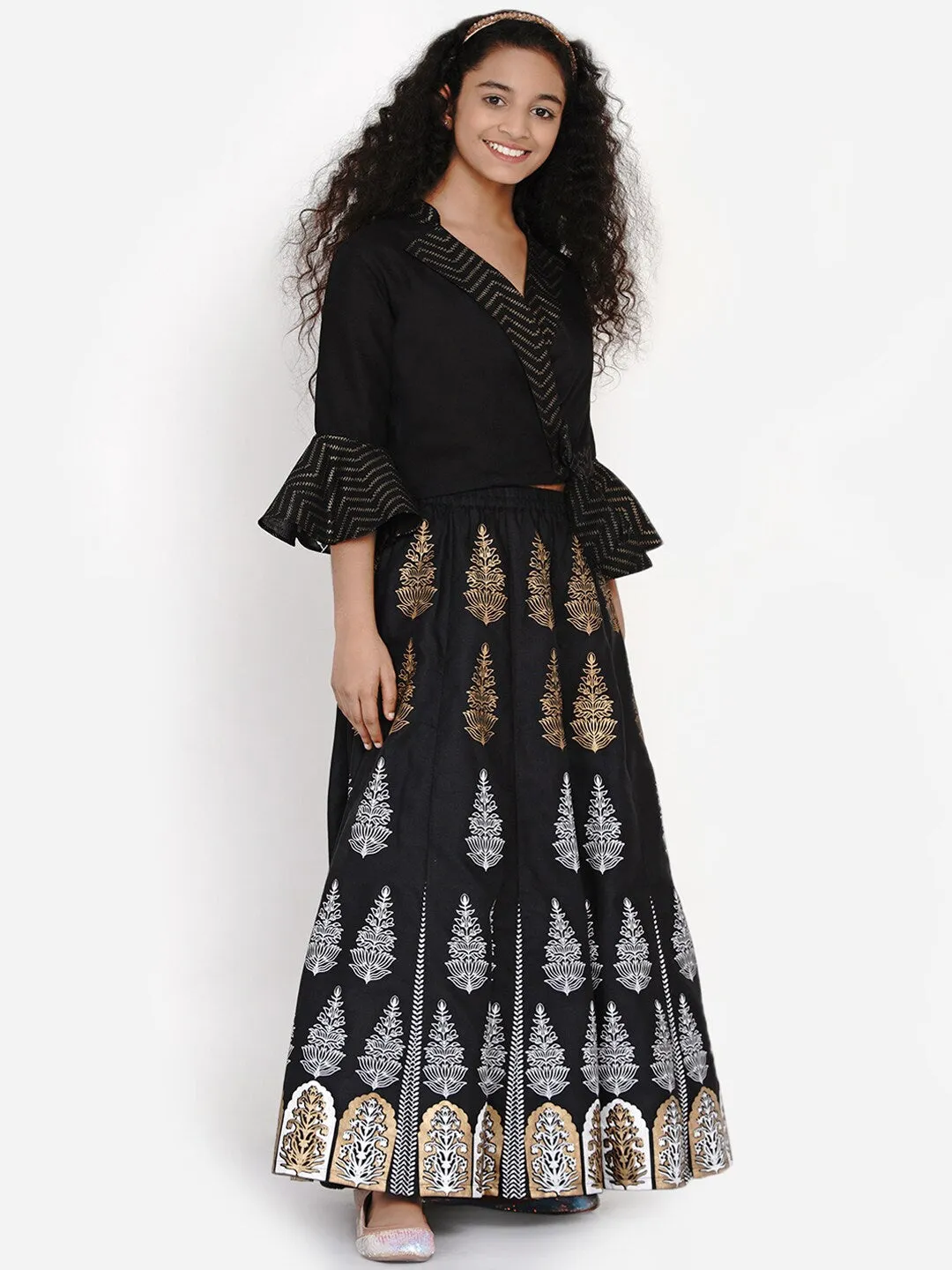 Girls Black & Gold-Toned Block Printed Ready To Wear Lehenga & Choli Set