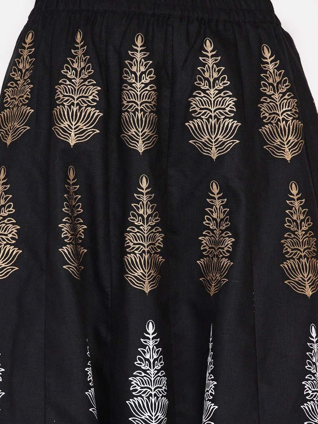 Girls Black & Gold-Toned Block Printed Ready To Wear Lehenga & Choli Set