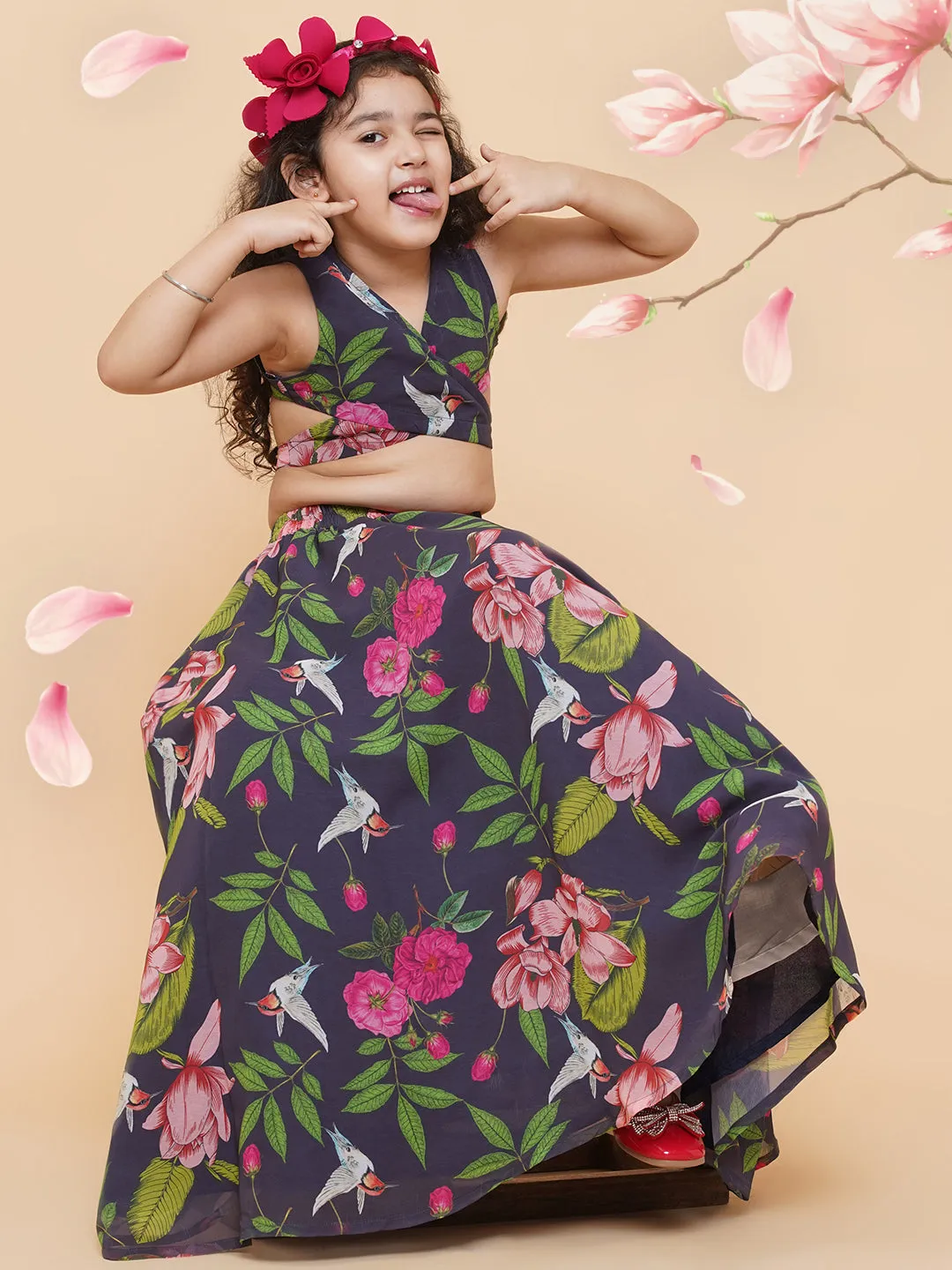 Girls Blue Flower Digital Print Ready To Wear Lehenga Choli