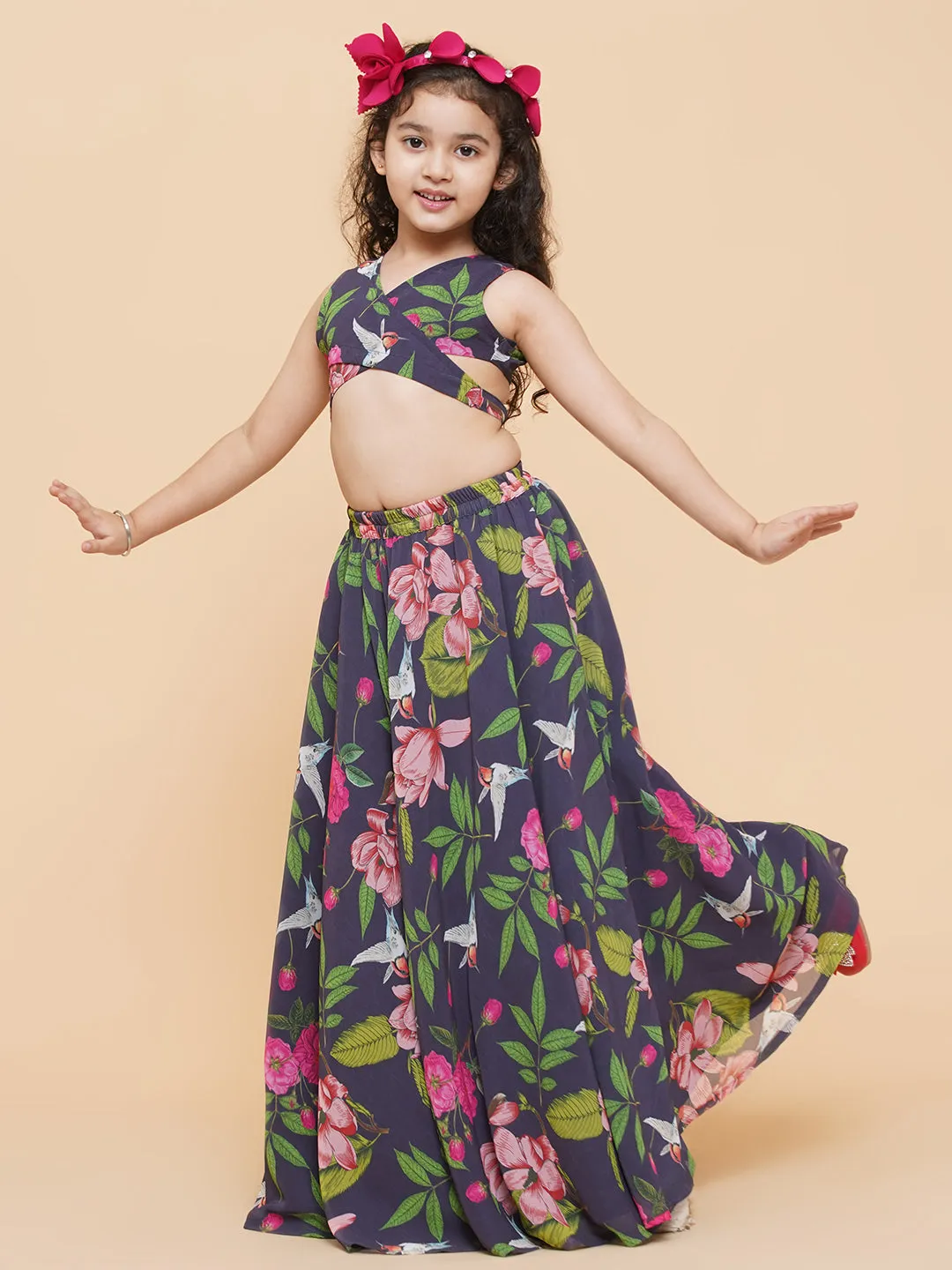 Girls Blue Flower Digital Print Ready To Wear Lehenga Choli