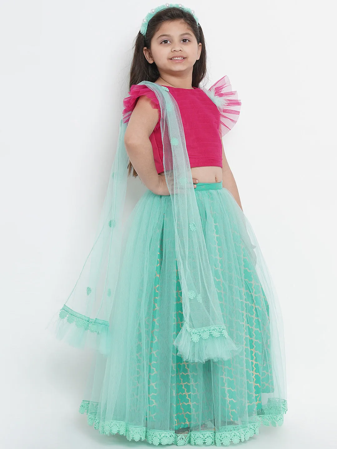 Girls Sea Green & Fuchsia Solid Ready To Wear Lehenga & Blouse With Dupatta
