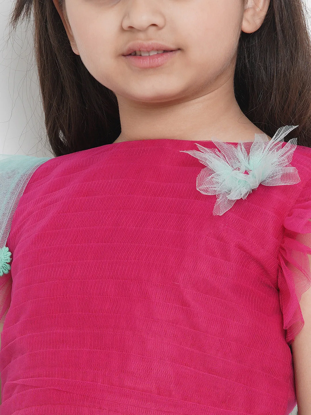 Girls Sea Green & Fuchsia Solid Ready To Wear Lehenga & Blouse With Dupatta
